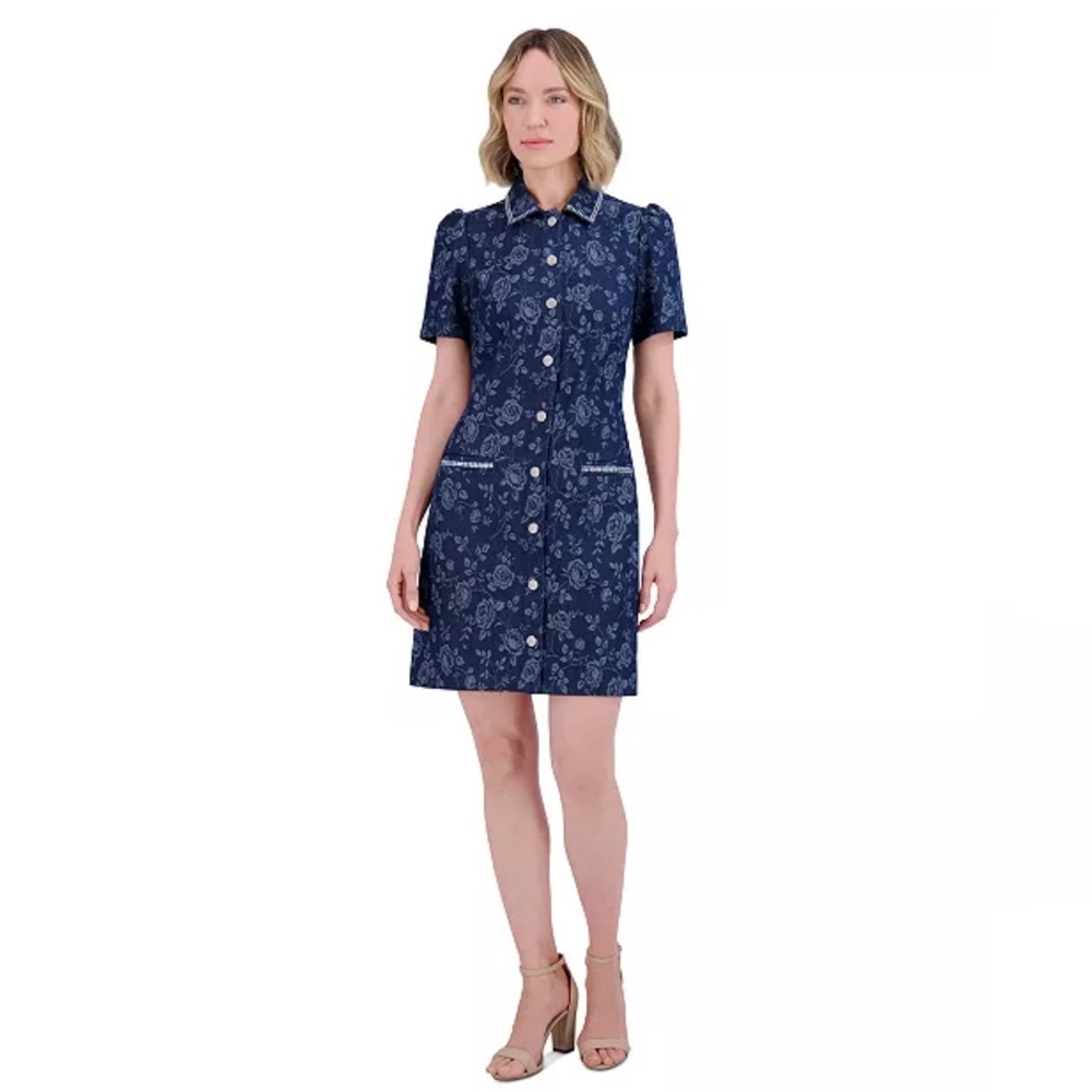 Eliza J Women's US 2 Floral Rhinestone-Trim Collared Blue Denim Shirtdress NWT